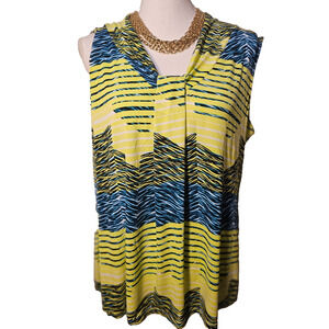 Dana Buchman Womens Size XL Blue Yellow Geo Print Slinky Sleeveless Blouse Top